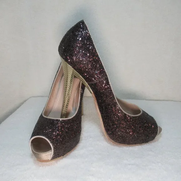 Baldan Sparkly Brown Peep-Toe Heels | EU 37 - Picture 2 of 12
